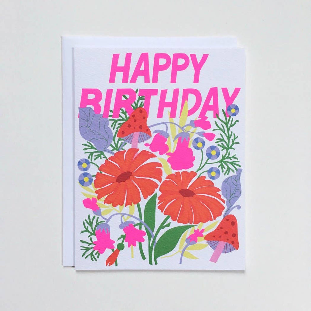 Happy Birthday Note Card with Mushrooms and Florals